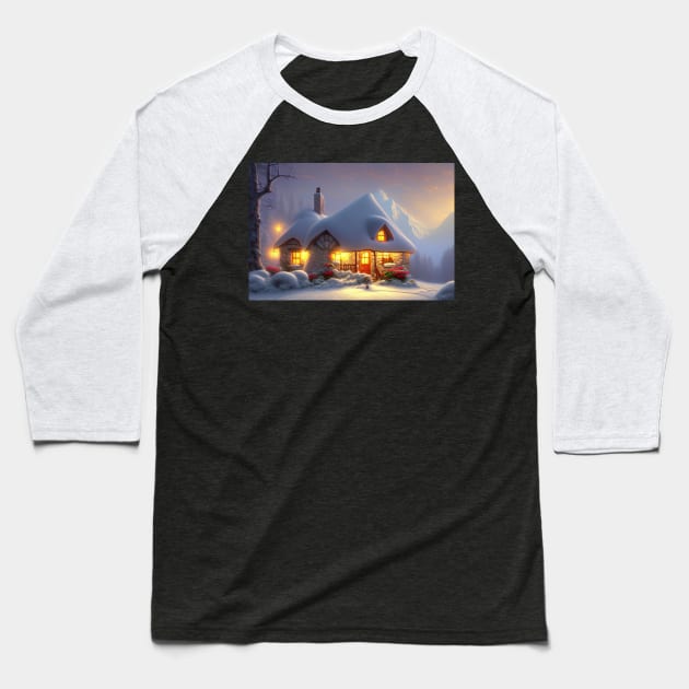 Magical Fantasy House with Lights in a Snowy Scene, Fantasy Cottagecore artwork Baseball T-Shirt by Promen Art